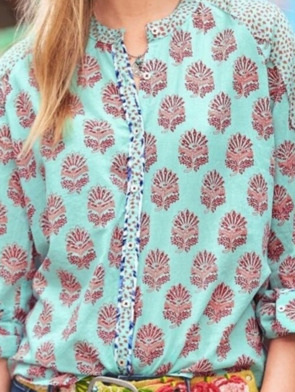 Sundance Rosalie Light Aqua Printed Button-Front Shirt - Picture 3 of 12